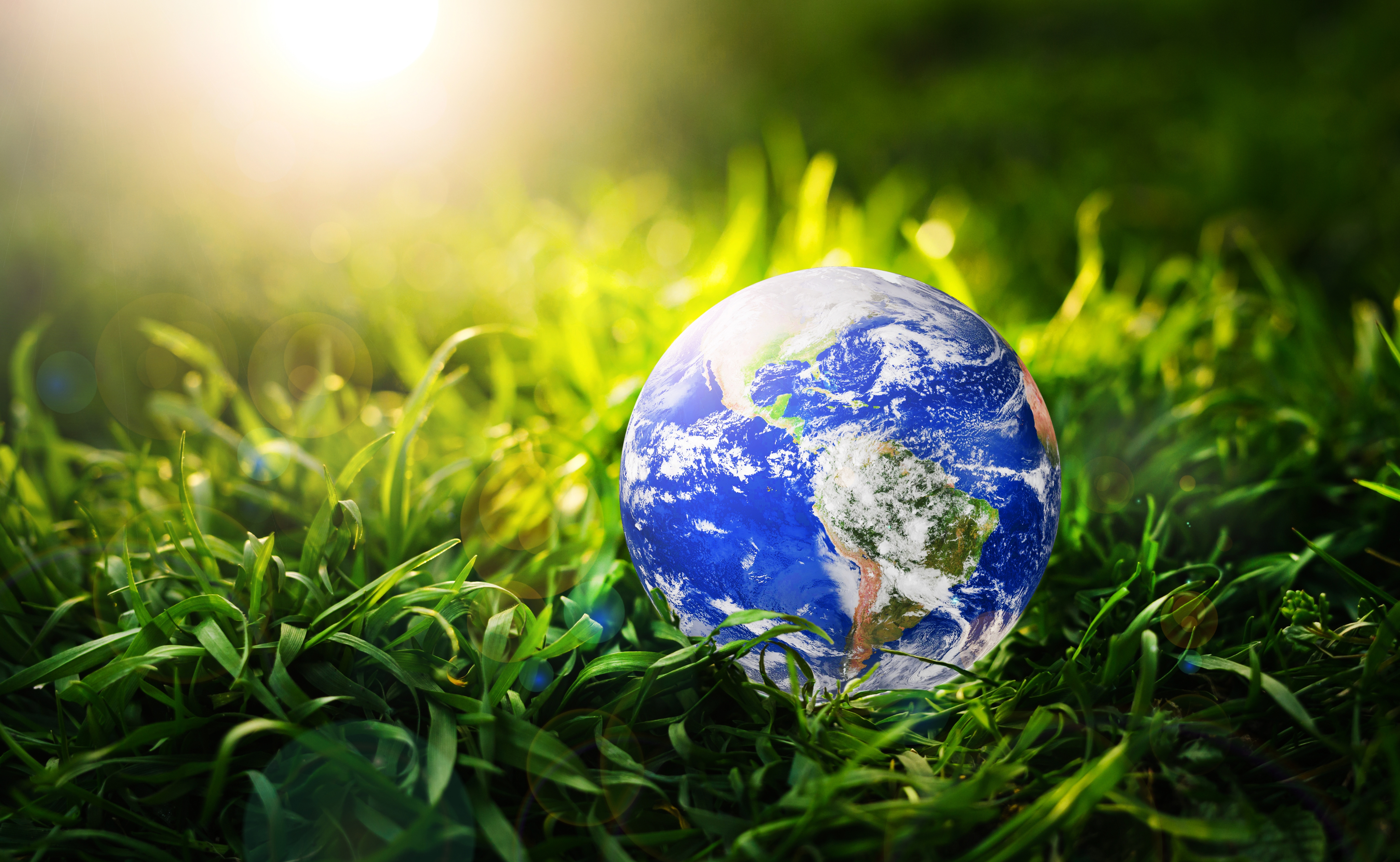 Imagem ilustrativa: miniatura da Terra na grama sendo iluminada pelo Sol